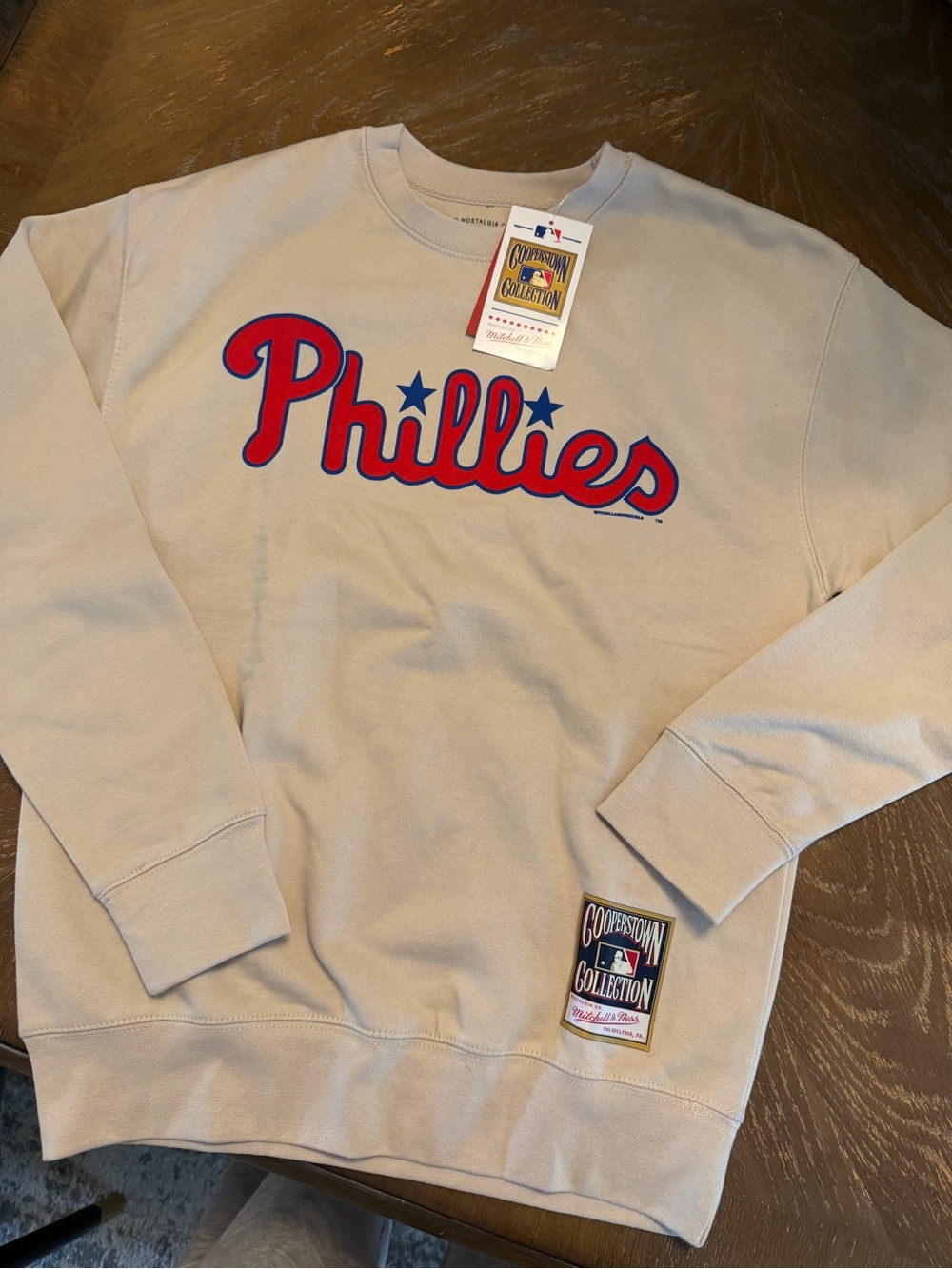 Mitchell & Ness Beige Crewneck Sweatshirt with Red & Blue Phillies Script